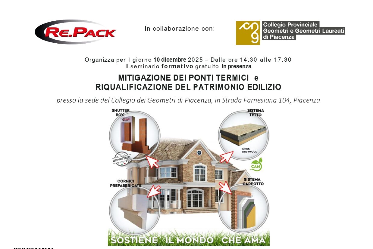Locandina MITIGAZIONE DEI PONTI TERMICI e RIQUALIFICAZIONE DEL PATRIMONIO EDILIZIO RE.PACK – 10 DICEMBRE 2025